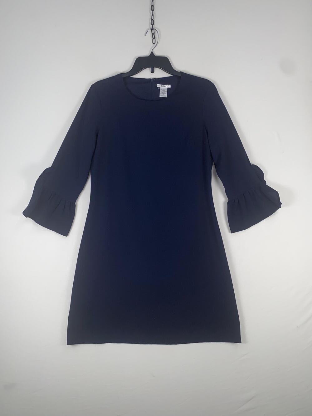 Esley Dress Womens Medium Navy Blue Bell Sleeve Ruffle Shift Short Lined